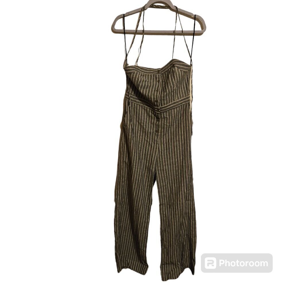 Fashion On Earth Wide Leg Linen/Cotton Jumpsuit Medium Gray Stripe Festival